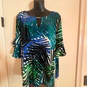 Calvin Klein Women’s Tropical Blouse Flutter Sleeve Keyhole Neck Size XL